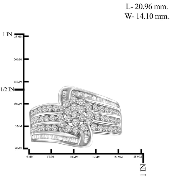 JewelonFire 1 Carat T.W. White Diamond Sterling Silver 4-Row Cluster Ring