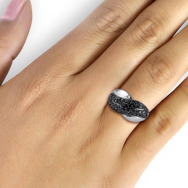 JewelonFire 1 CTW Black Diamond Sterling Silver Crossover Ring