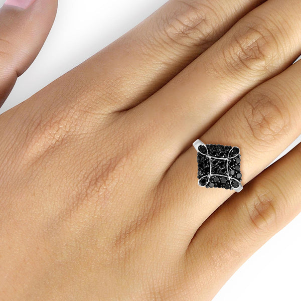 JewelonFire 1 CTW Black Diamond Sterling Silver Ring