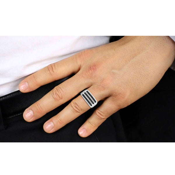 JewelonFire 1 Carat T.W. Black Diamond Sterling Silver Three Row Men's Ring