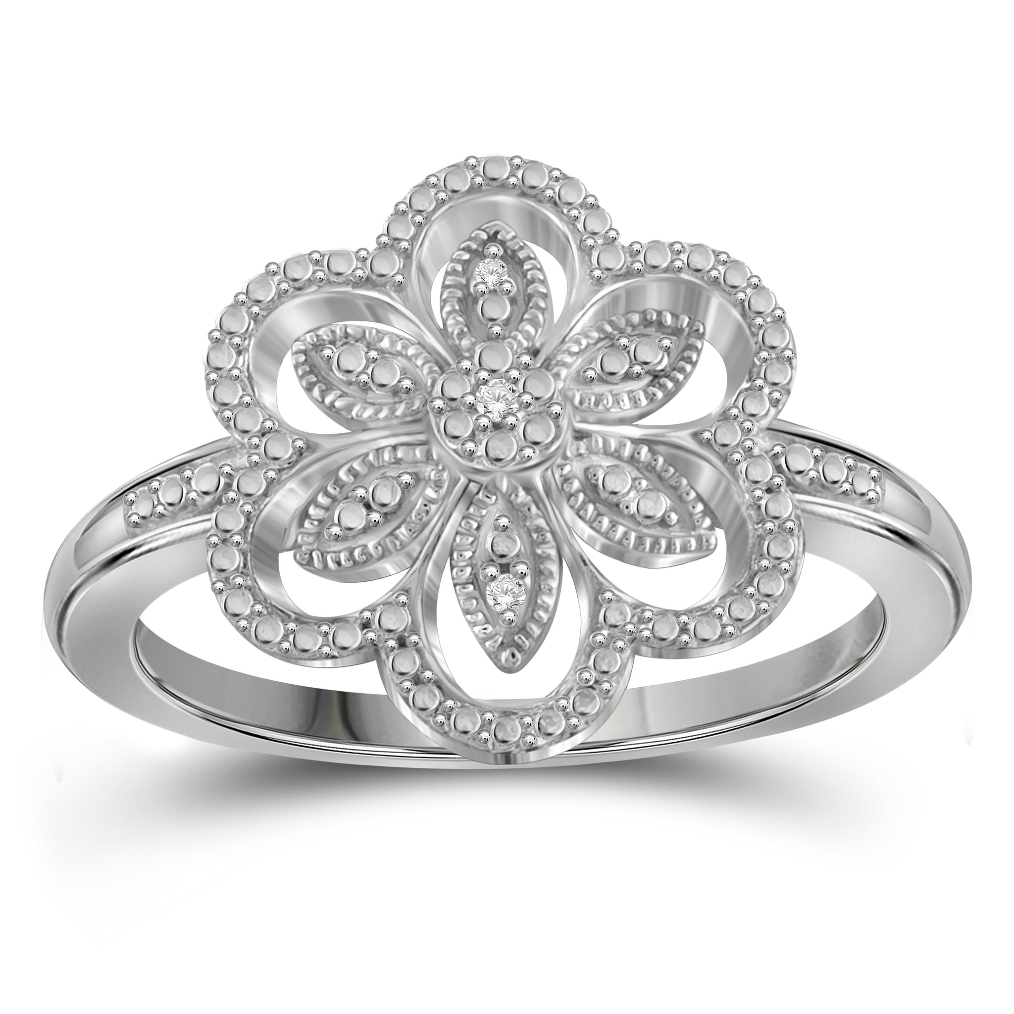 JewelonFire Accent Diamond Sterling Silver Flower Ring