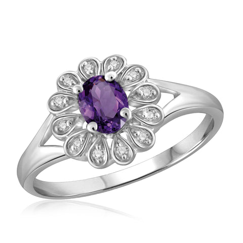 JewelonFire 1/4 Carat T.G.W. Amethyst And 1/20 Carat T.W. White Diamond Sterling Silver Ring - Assorted Colors