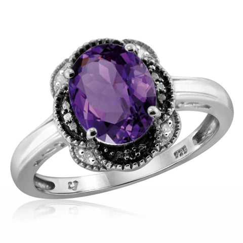 JewelonFire 1.60 Carat T.G.W. Amethyst And 1/20 Carat T.W. Black & White Diamond Sterling Silver Ring - Assorted Colors