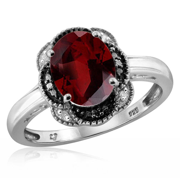 JewelonFire 2.15 Carat T.G.W. Garnet And 1/20 Carat T.W. Black & White Diamond Sterling Silver Ring - Assorted Colors