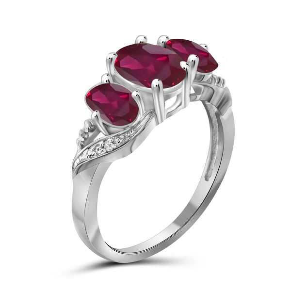 JewelonFire 2.90 Carat T.G.W. Ruby And Accent White Diamond Sterling Silver 3 Stone Ring - Assorted Colors