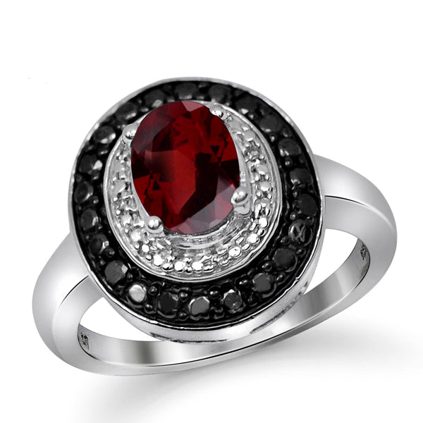 JewelonFire 1 1/2 Carat T.G.W. Garnet And 1/7 Carat T.W. Black & White Diamond Sterling Silver Ring - Assorted Colors